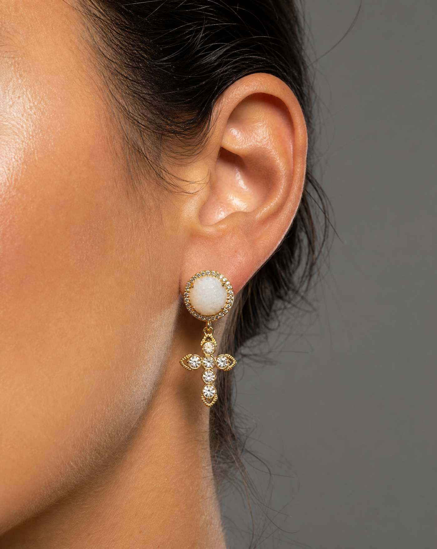Light Cross Earrings — Moonstone and Cubic Zirconia