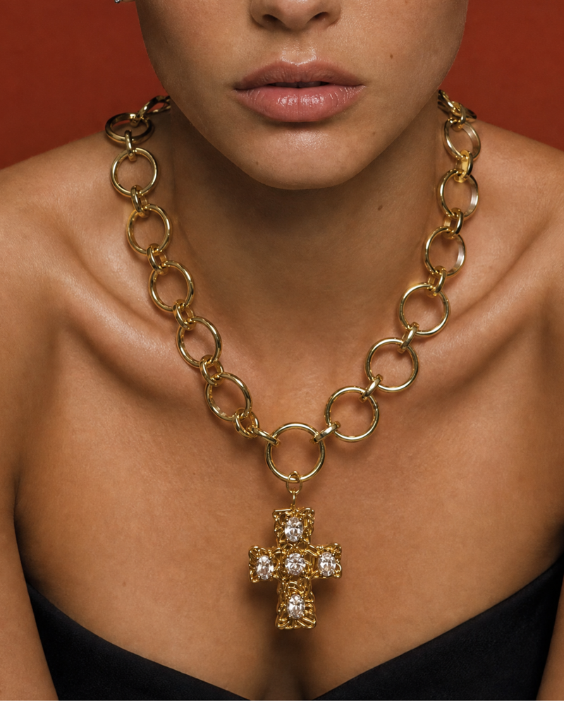 CZ Cross Chain Necklace & Stud Earrings Set