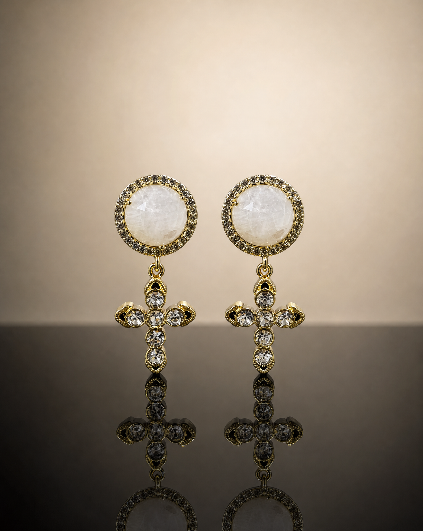 Light Cross Earrings — Moonstone and Cubic Zirconia