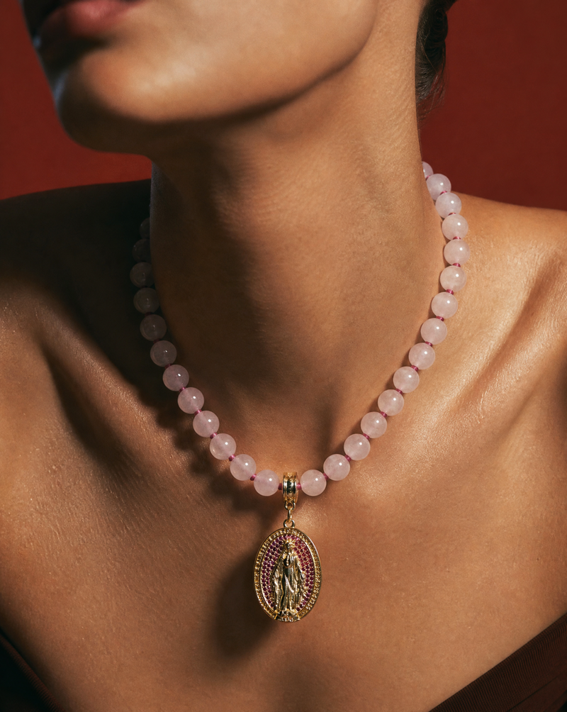 Rose Quartz Virgin Mary Necklace | Bridal Necklace