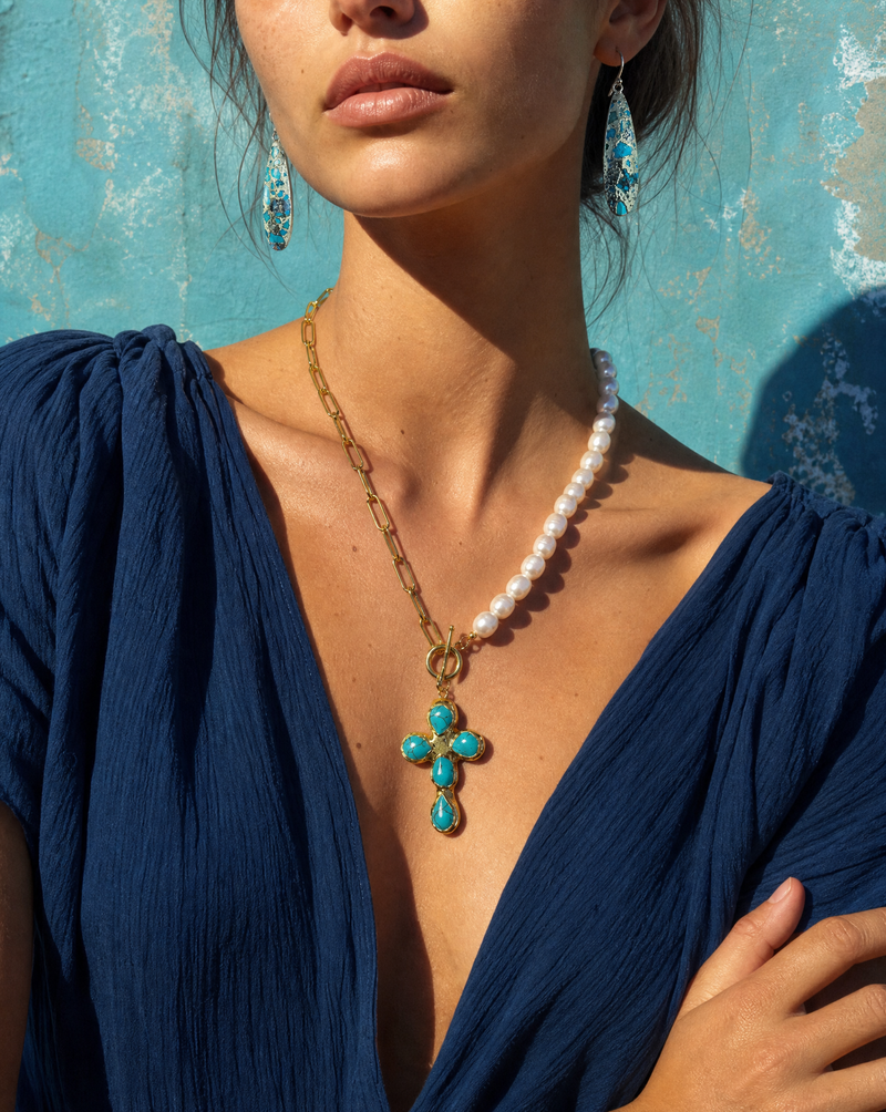 Turquoise Cross Pearl Necklace & Earring Set | Spiritual Jewelry
