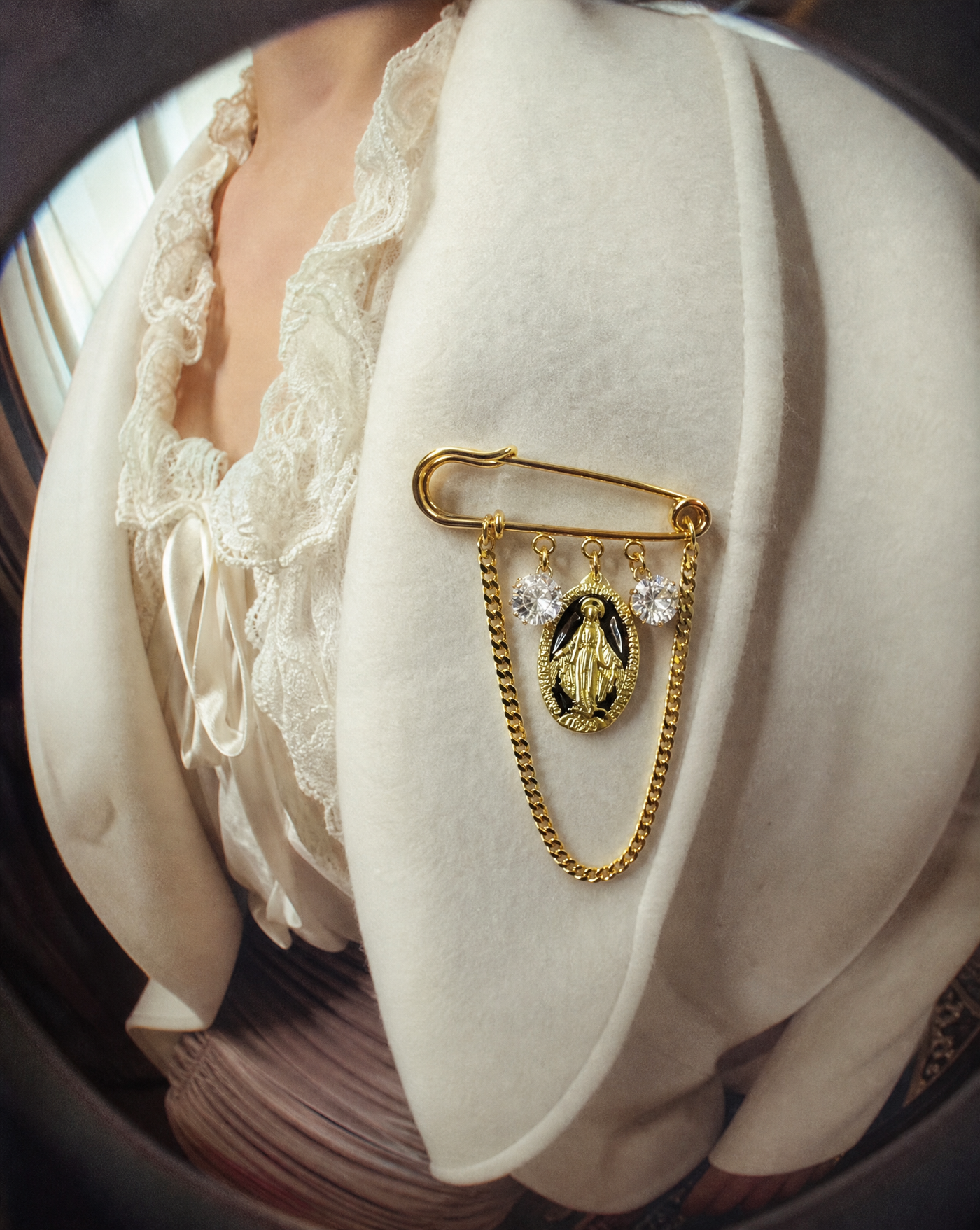 Miraculous Mary Medal & Crystal Pin Brooch