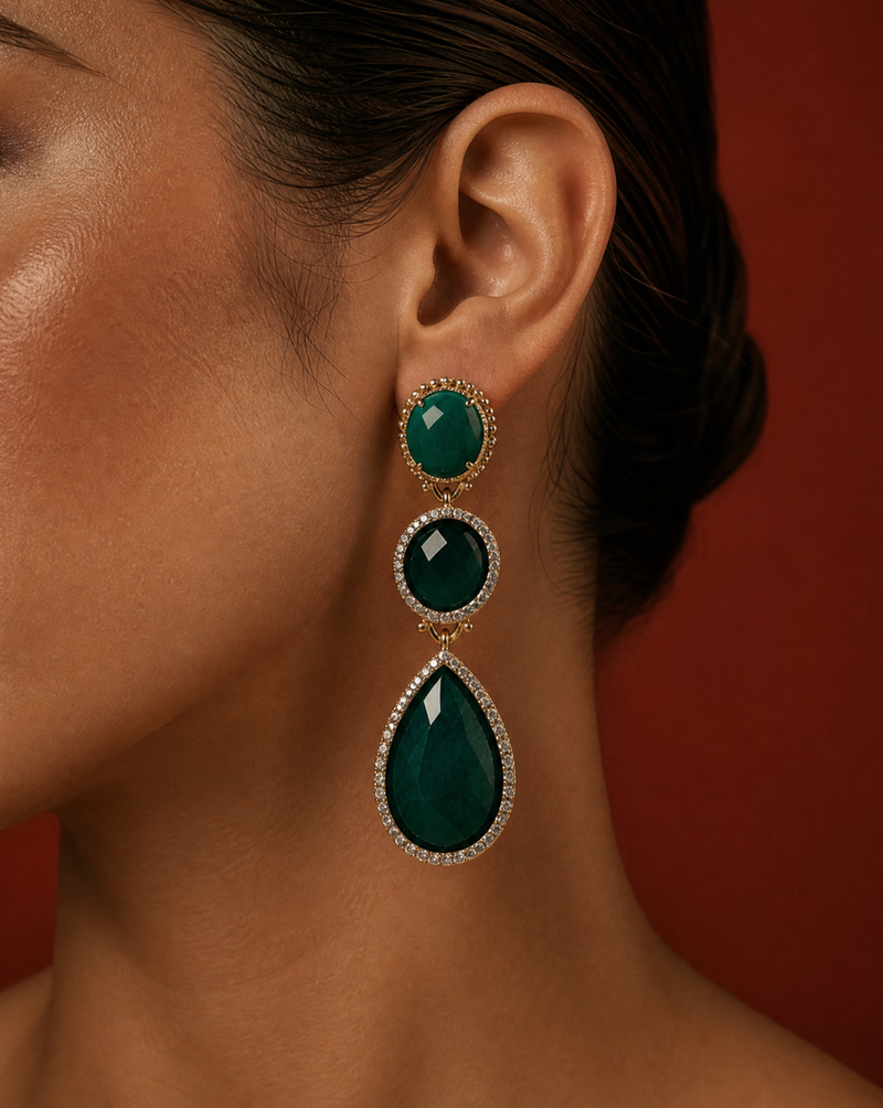 Green Agate Triple Drop Statement Earrings | Maximalist Earrings Wholesale