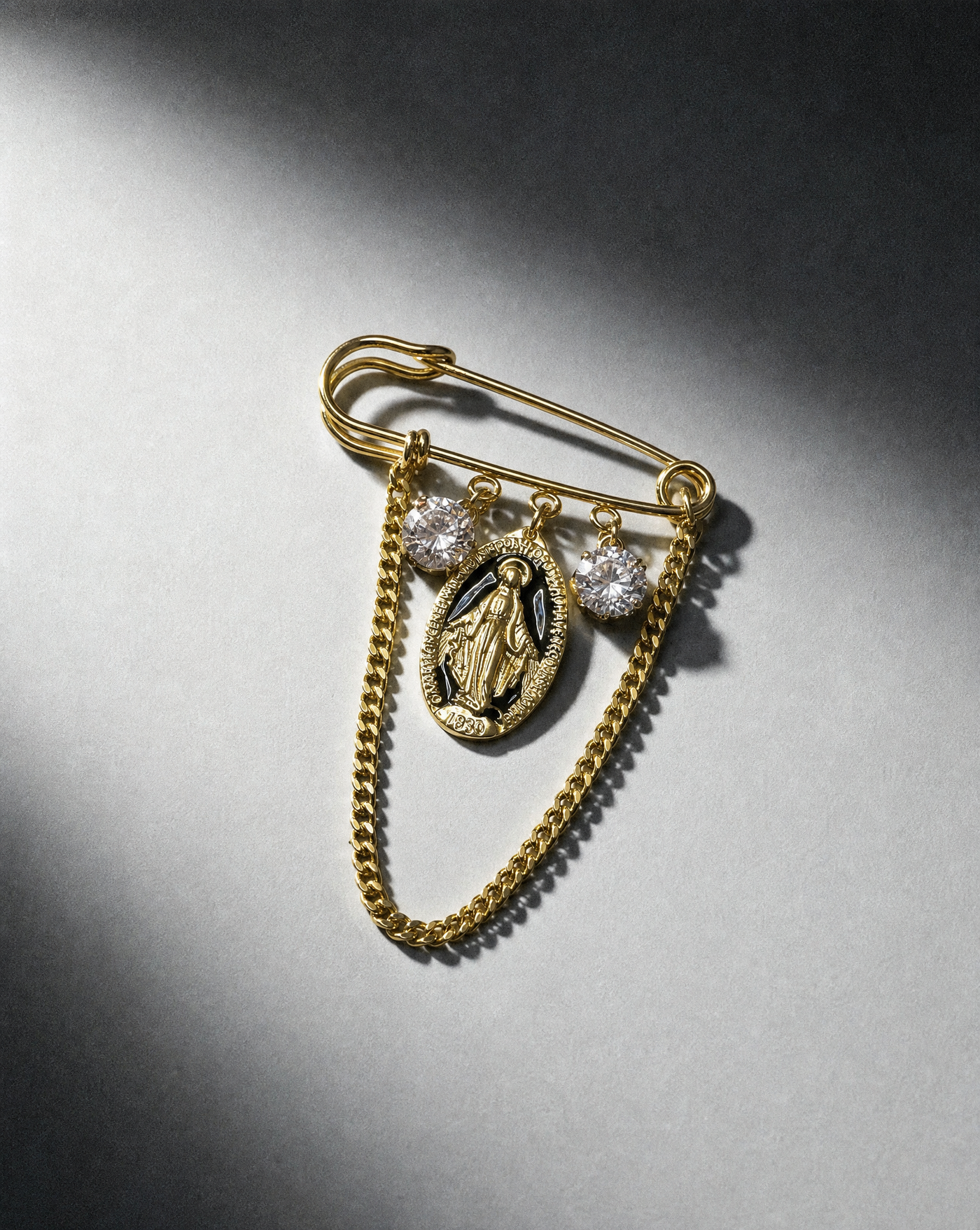 Miraculous Mary Medal & Crystal Pin Brooch