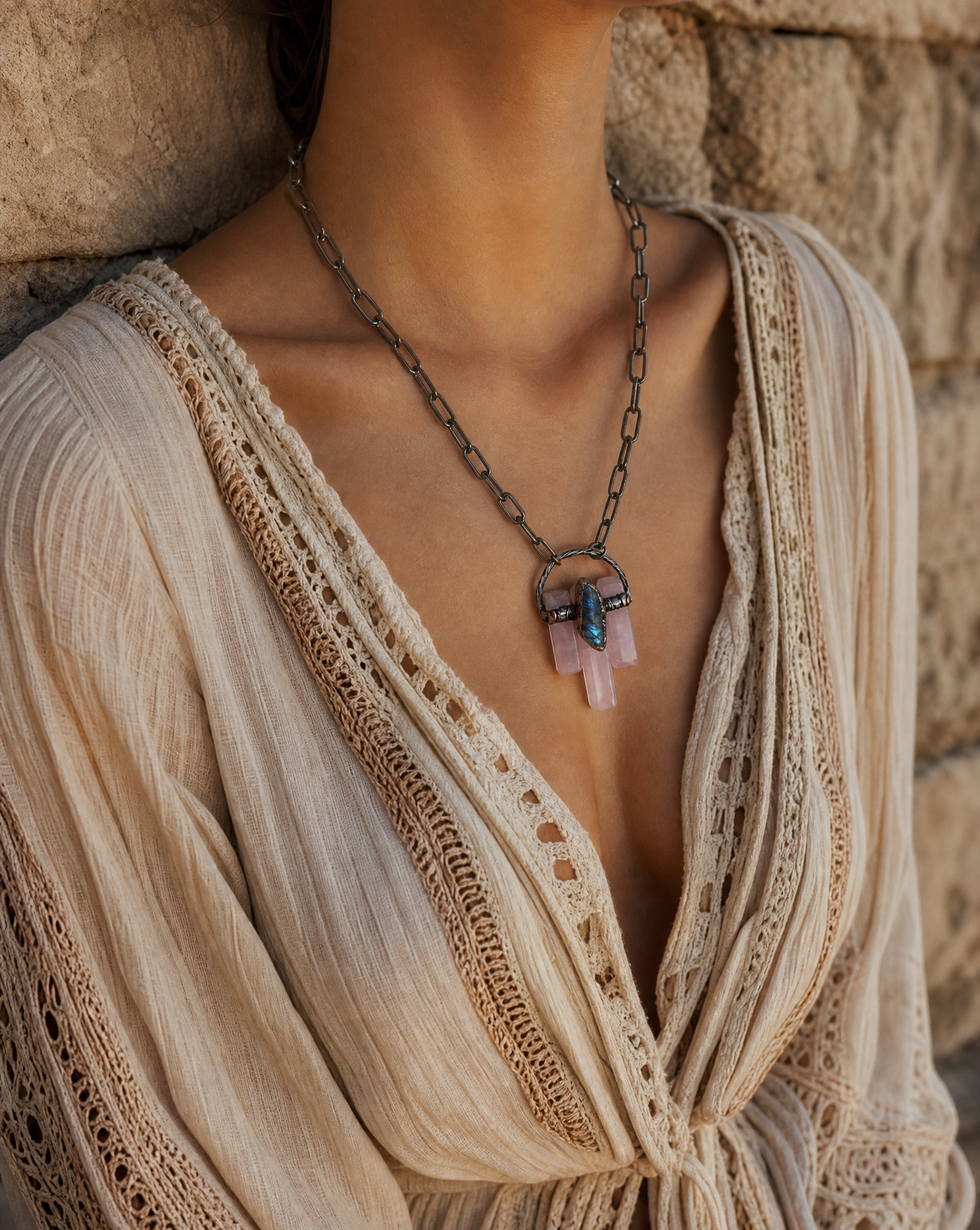 Rose Quartz & Labradorite Crystal Cluster Pendant Necklace | Artisan Boho Necklace