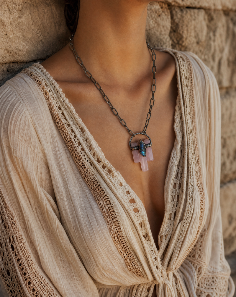 Rose Quartz & Labradorite Crystal Cluster Pendant Necklace | Artisan Boho Necklace