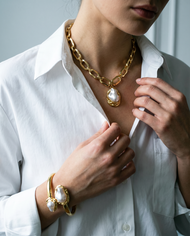 The Baroque Pearl Set — Chunky Chain Necklace & Open Cuff