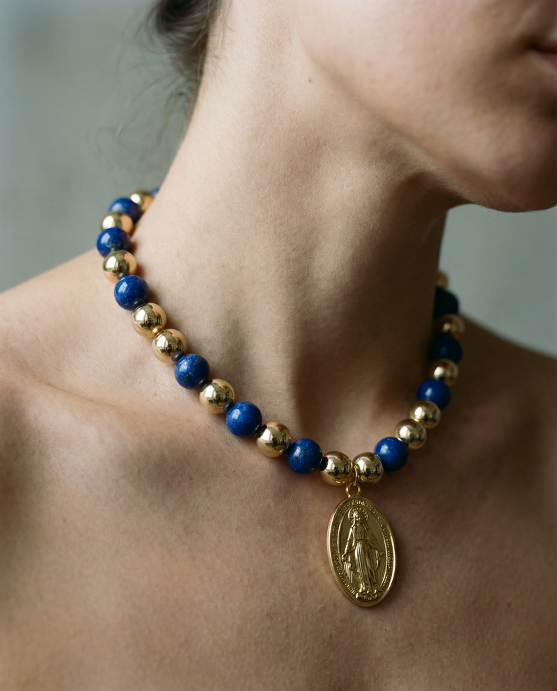 Blue and Gold Bead Necklace with Virgin Mary Medal | Handmade Jewelry