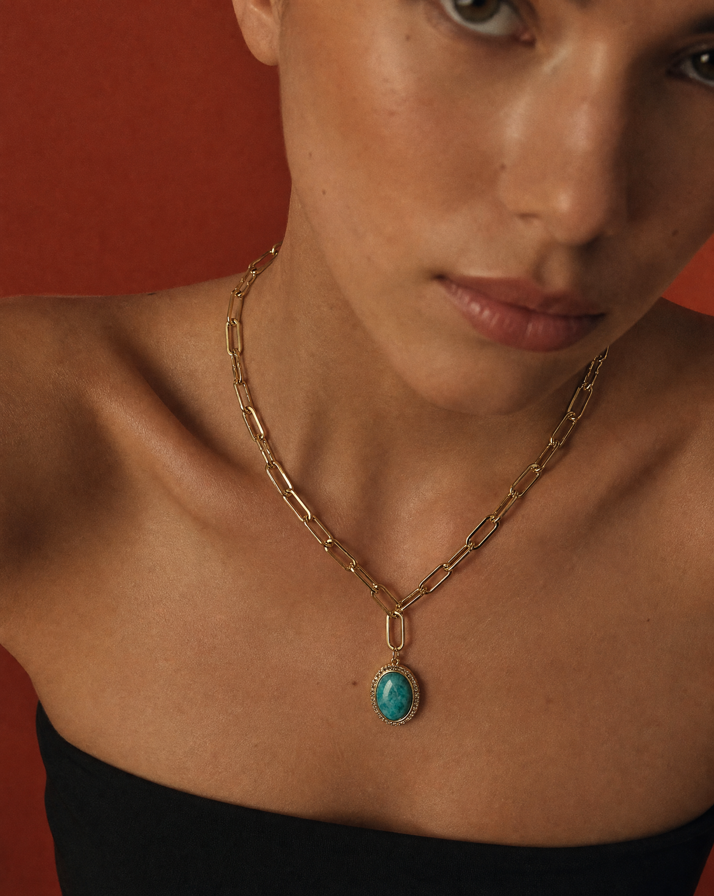 Natural Stone Oval Pendant Necklace | Paperclip Chain Layering Necklace