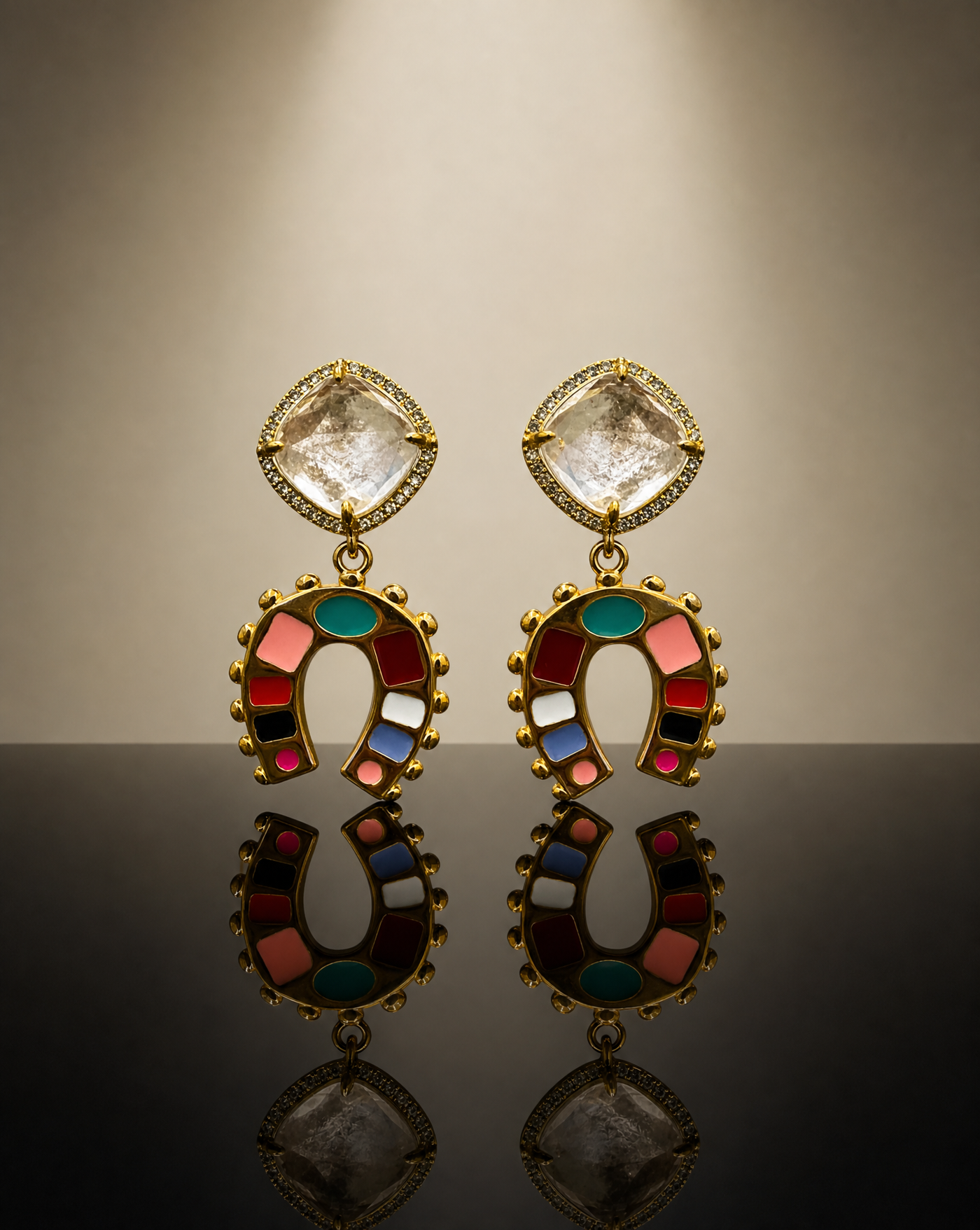 Clear Quartz & Lucky Horseshoe Drop Earrings