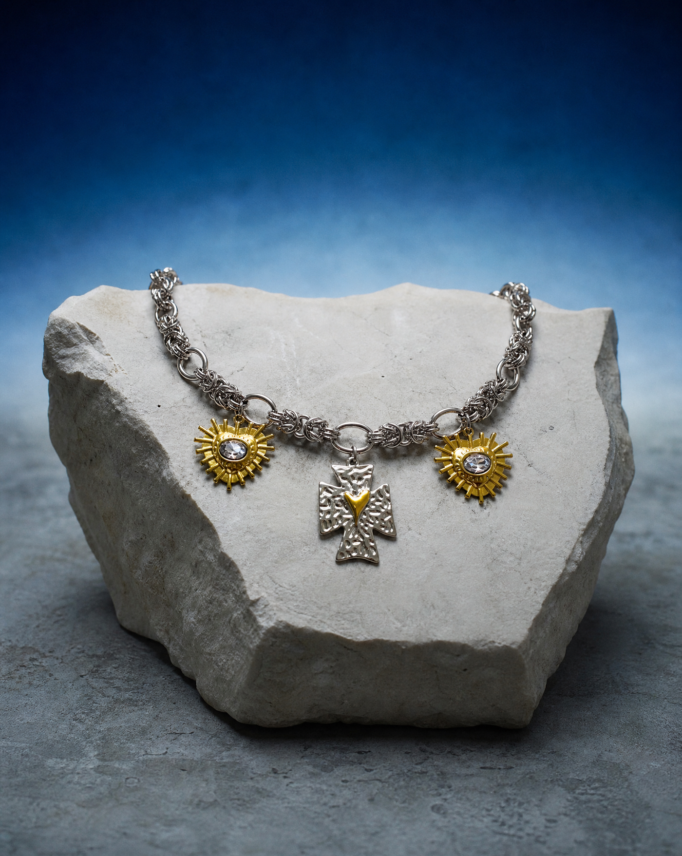 Sacred Heart Cross & Sunburst Charm Chain Necklace