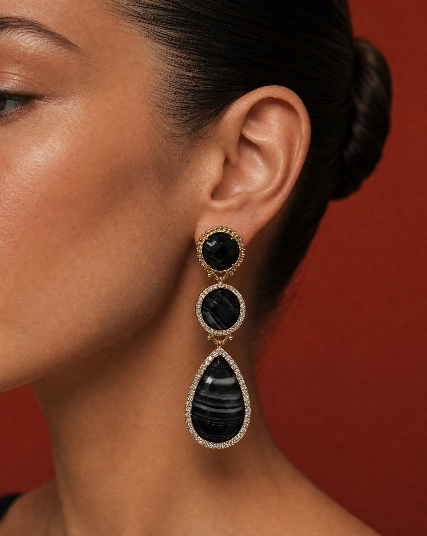 Black Striped Agate Drop Statement Earrings