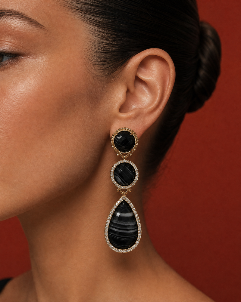 Black Striped Agate Drop Statement Earrings
