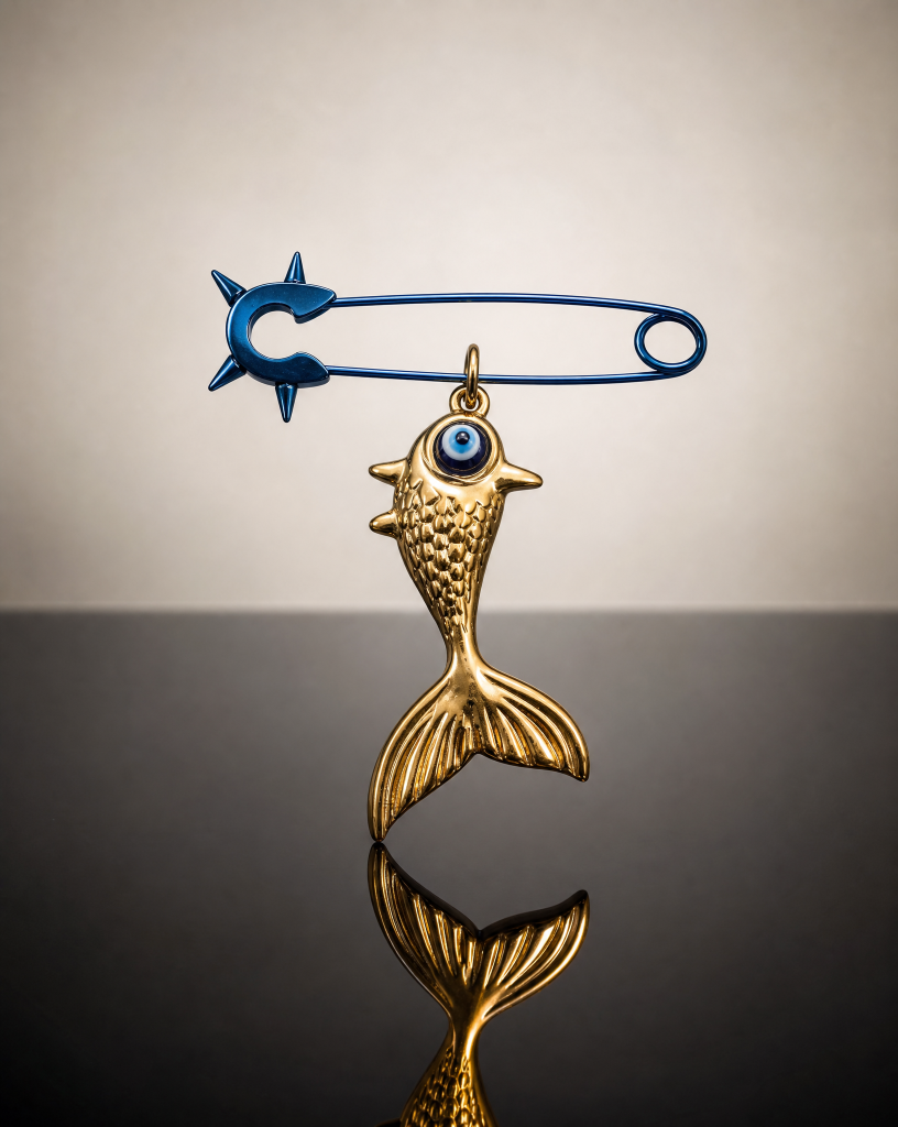 Gold Fish Nazar Pin Brooch | Evil Eye Spike Safety Pin