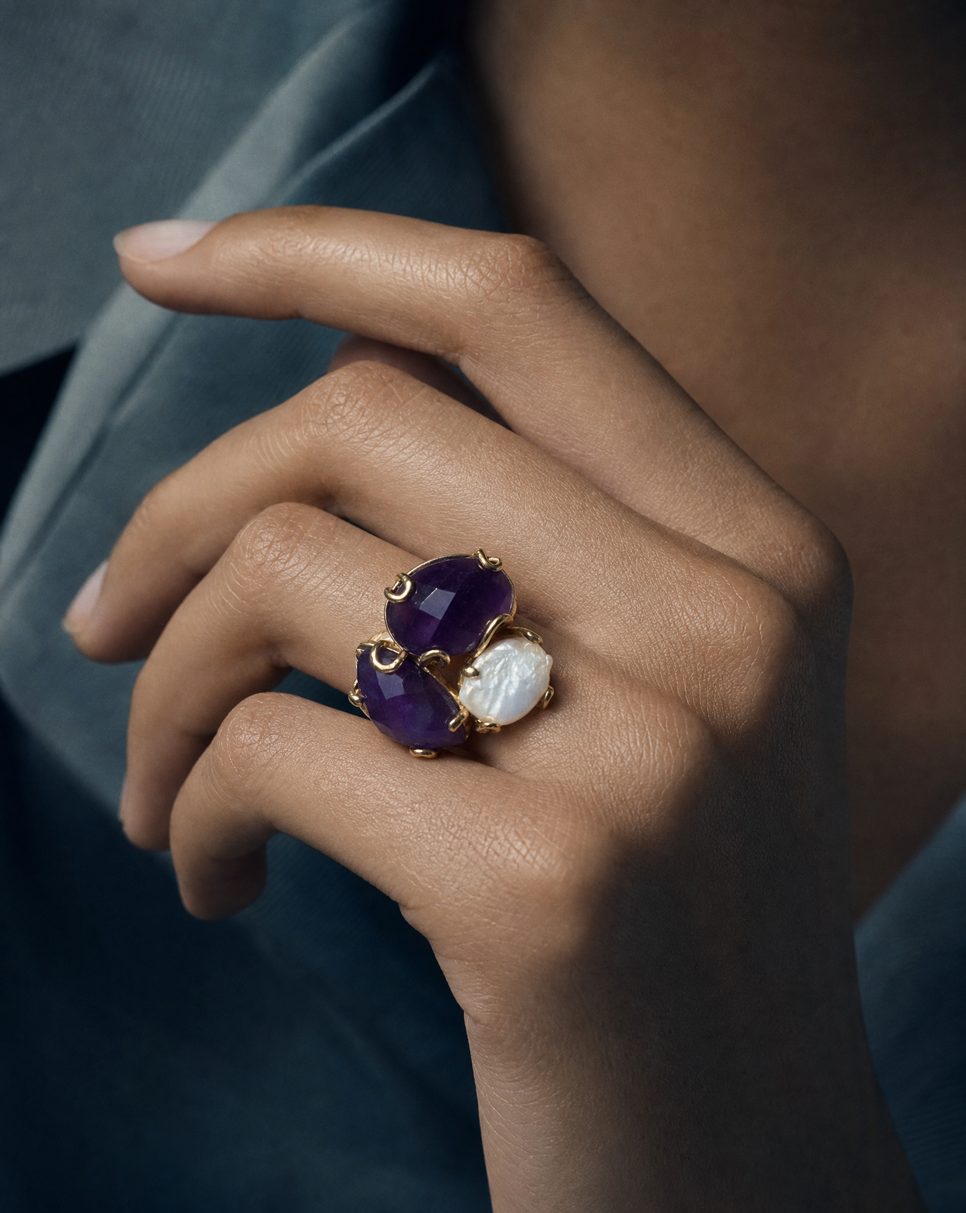 Multi-Stone Cluster Ring with Freshwater Pearl | Adjustable Open Band