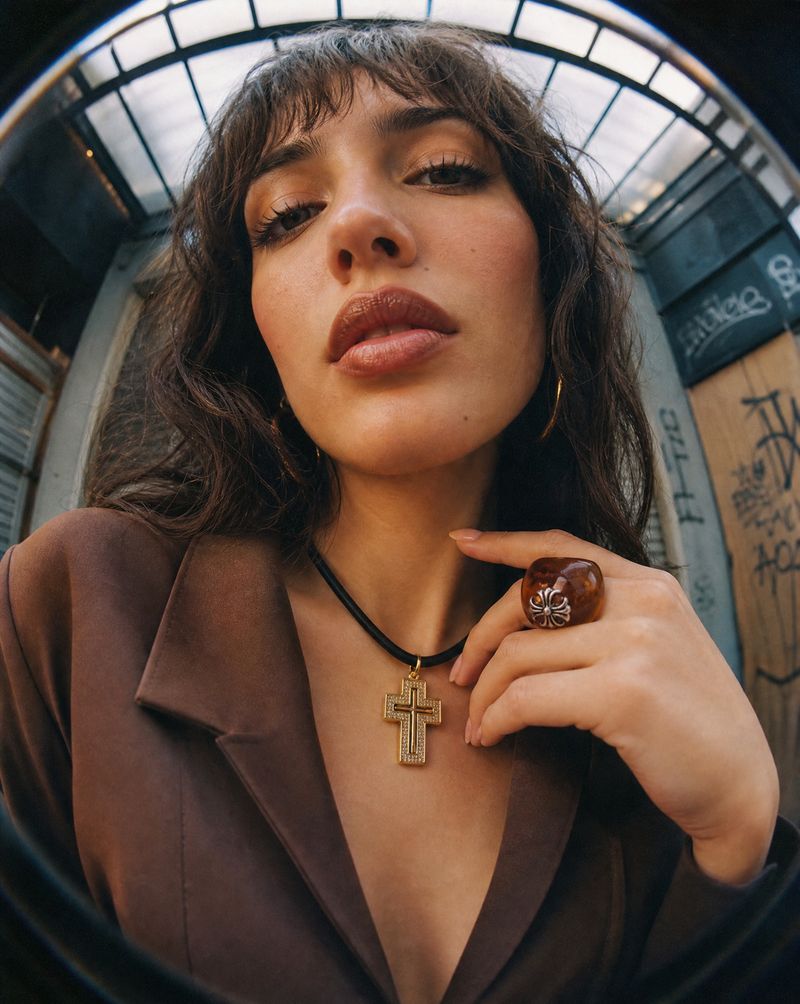 Pavé Cross Cord Necklace & Resin Ring Set