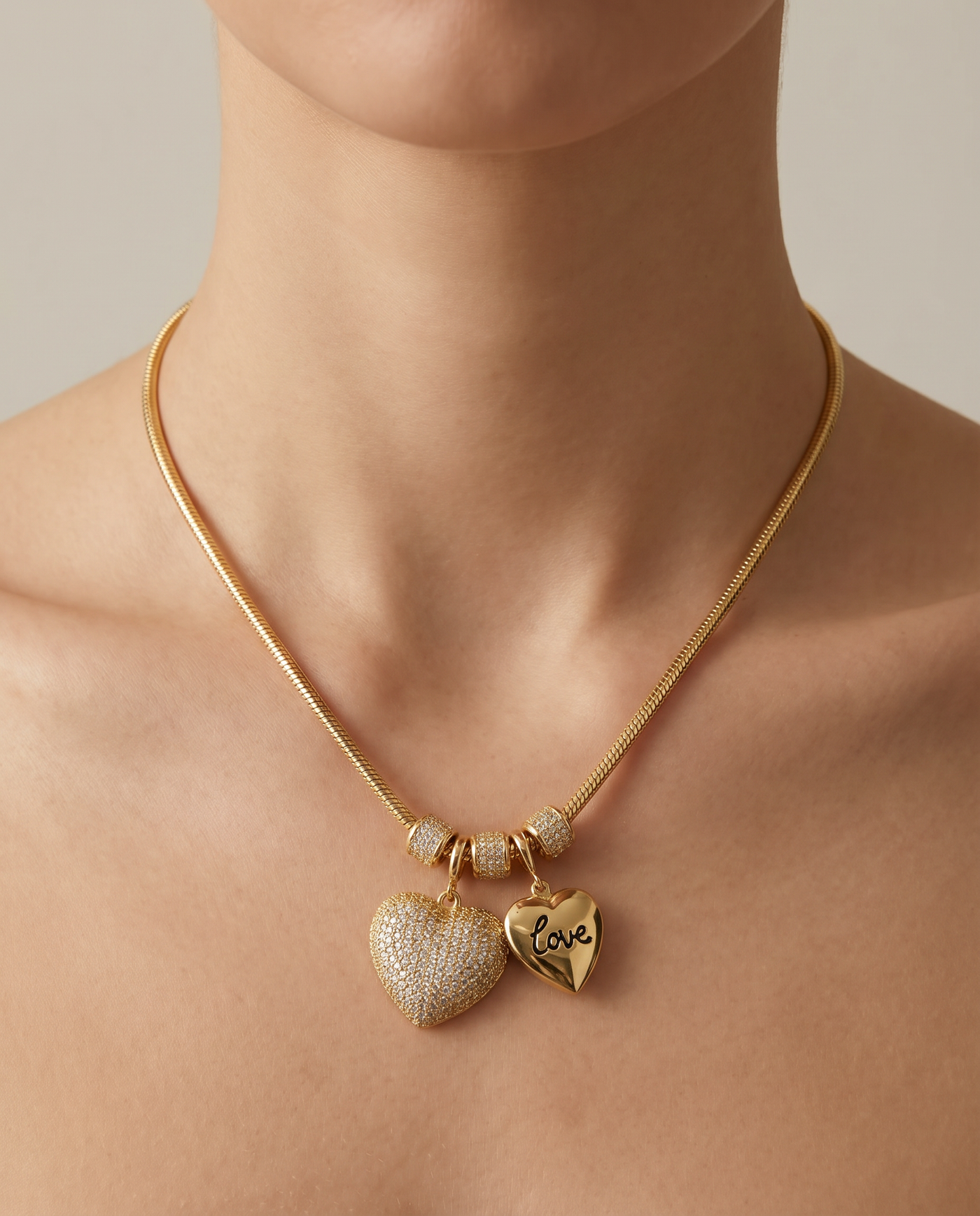 Necklace with Cubic Zirconia Hearts and Customizable Locket