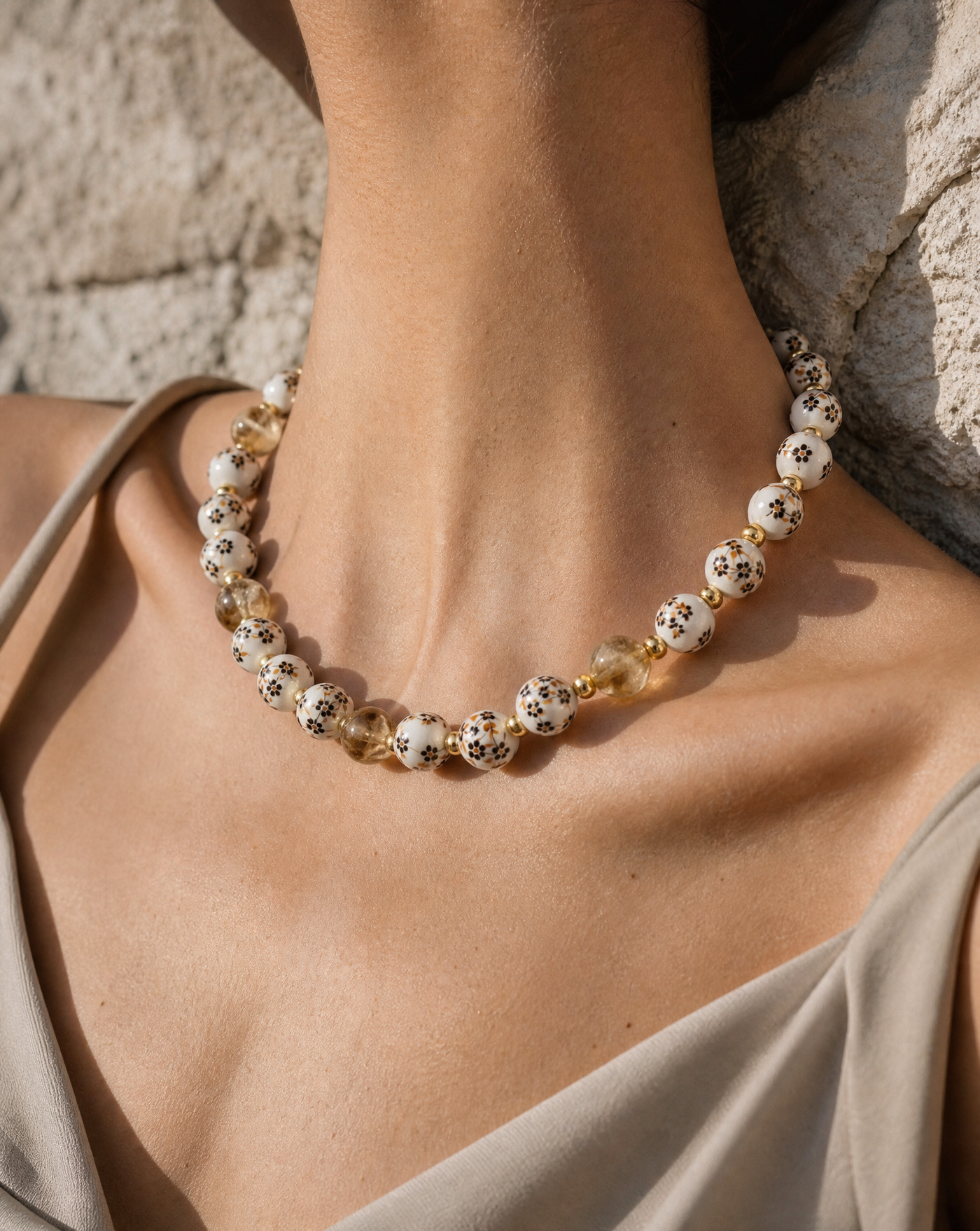 Floral Ceramic & Gemstone Beaded Necklace | Handcrafted Statement Necklace