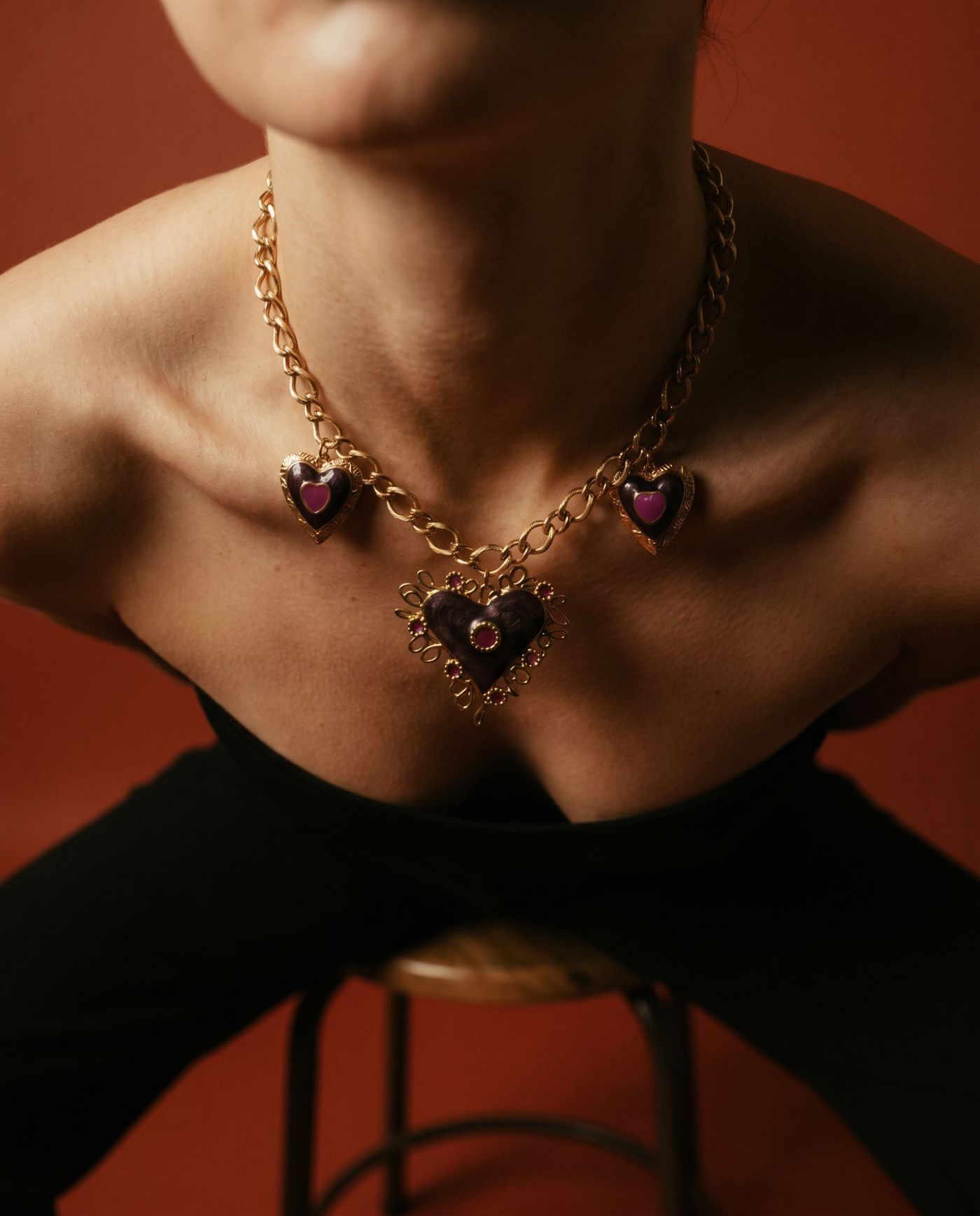 Vintage Heart Chain Necklace | Gold and Purple Enamel Filigree
