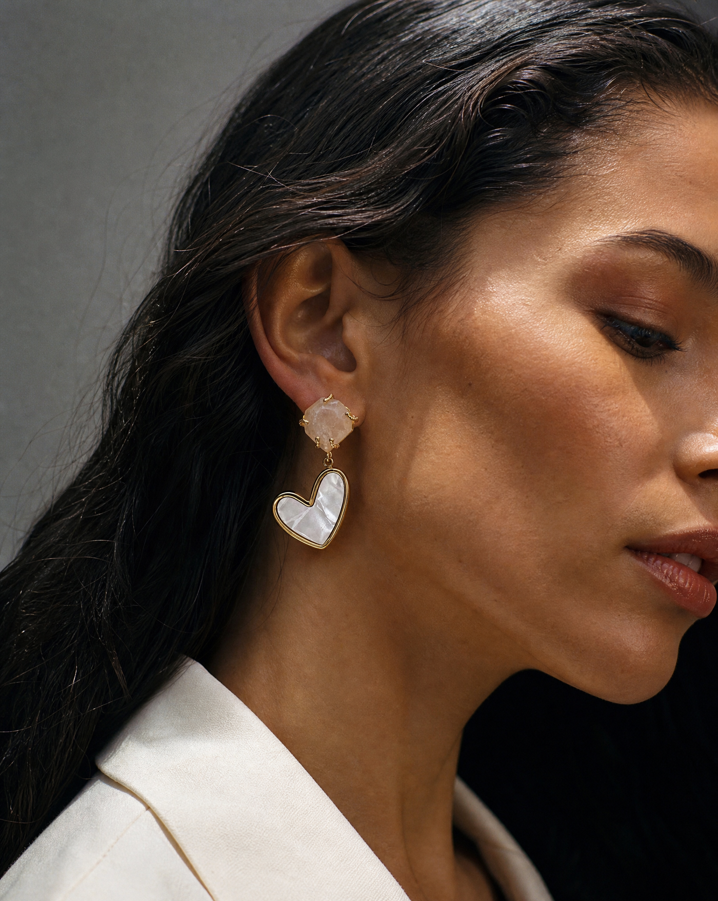 White Quartz Heart Drop Earrings