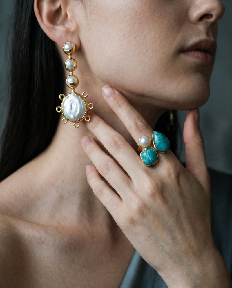 Baroque Pearl Earrings & Amazonite Pearl Ring Set · Natural Gemstone · Statement Luxury