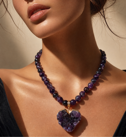 Amethyst Beaded Necklace | Raw Amethyst Druzy Heart Pendant