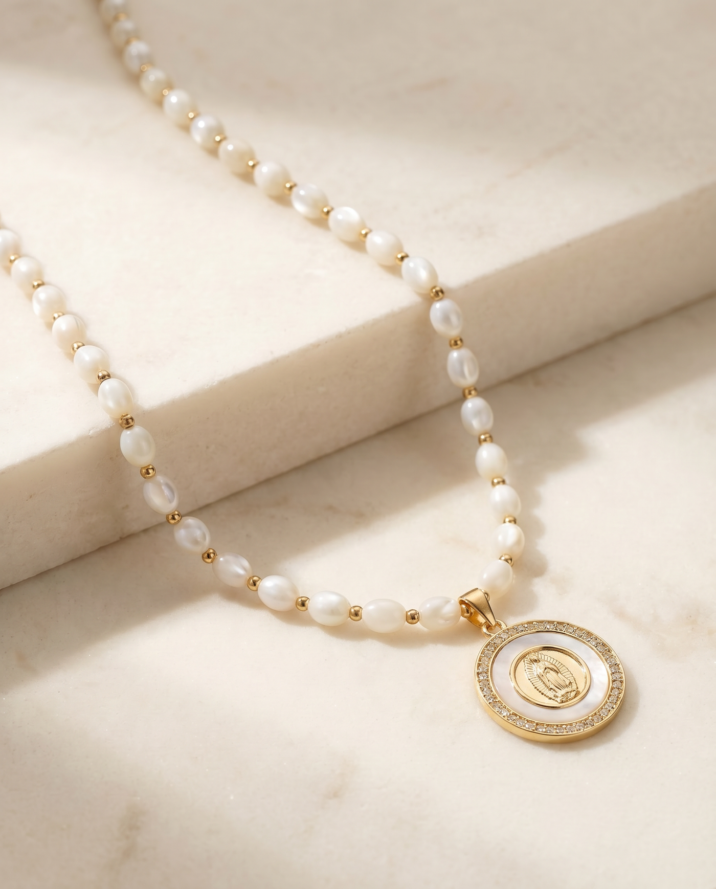 Virgin Mary Cat's Eye Pearl Necklace · Bridal