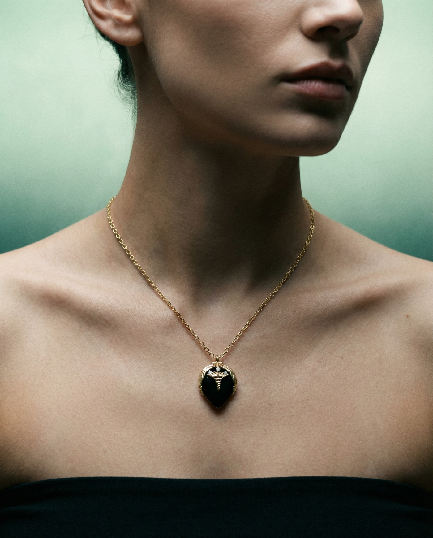 Black Agate Caduceus Heart Necklace