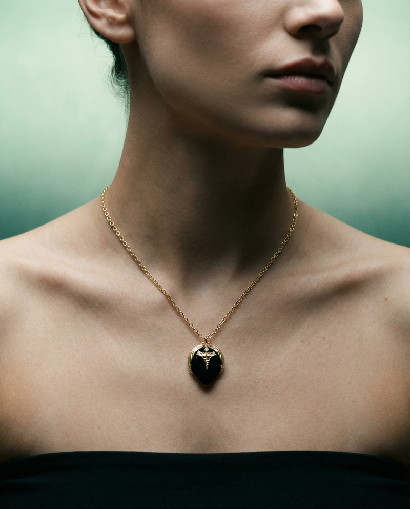 Black Agate Caduceus Heart Necklace
