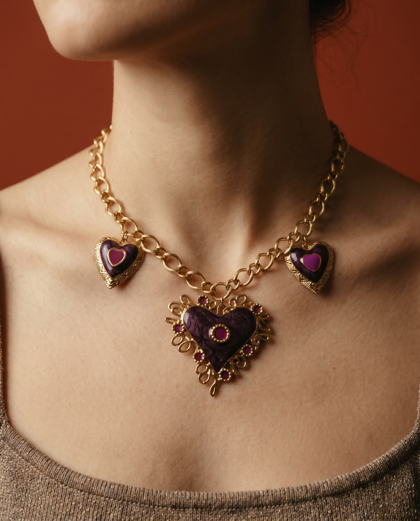 Vintage Heart Chain Necklace | Gold and Purple Enamel Filigree