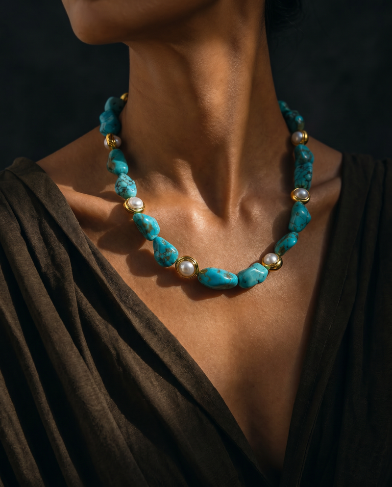 Turquoise & Pearl Jewelry Set · Natural Stone Necklace & Bracelet