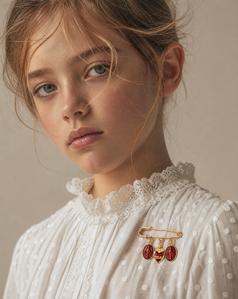 Safety Pin Brooch with Sacred Heart and Virgin Medal