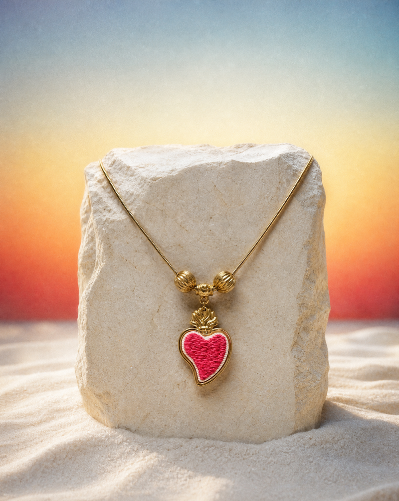 Embroidered Sacred Heart Necklace | Handmade Gold Flame Heart