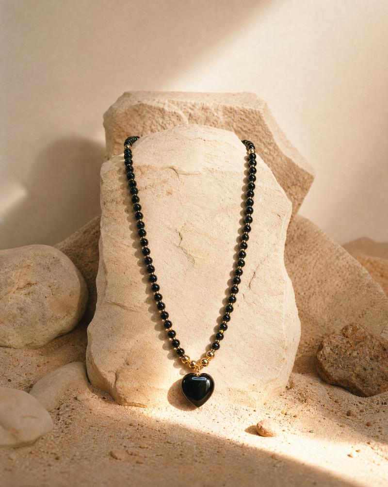 Black Obsidian Beaded Necklace | Handmade Boho Heart Necklace