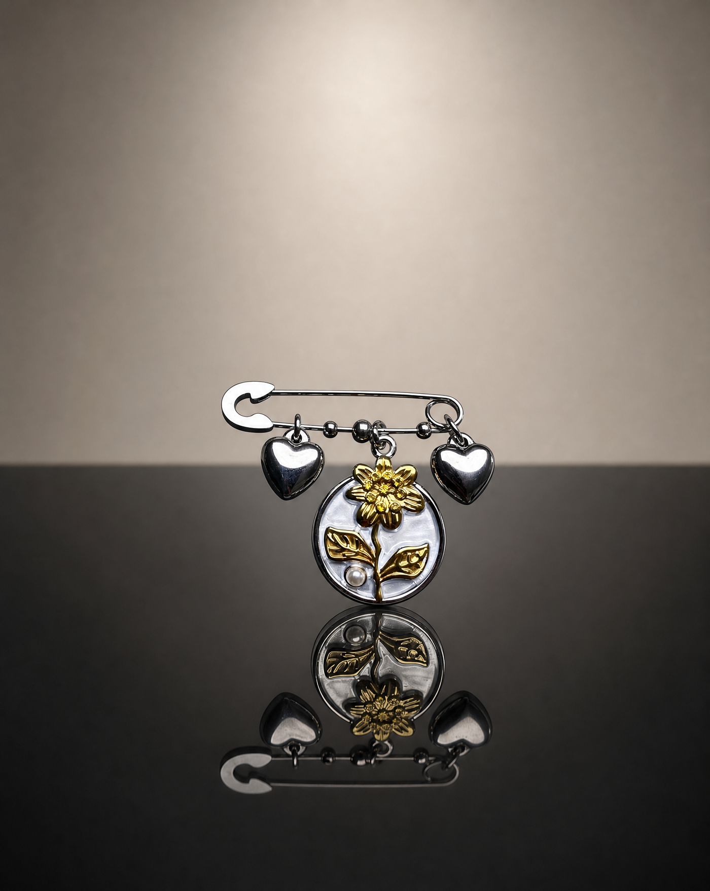 Flower Pin Brooch Silver Hearts