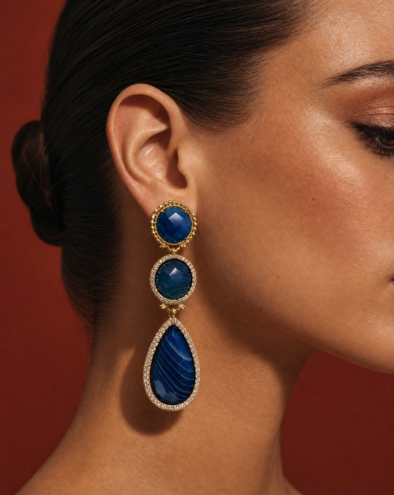 Blue Agate Triple Drop Statement Earrings | Maximalist Earrings Wholesale
