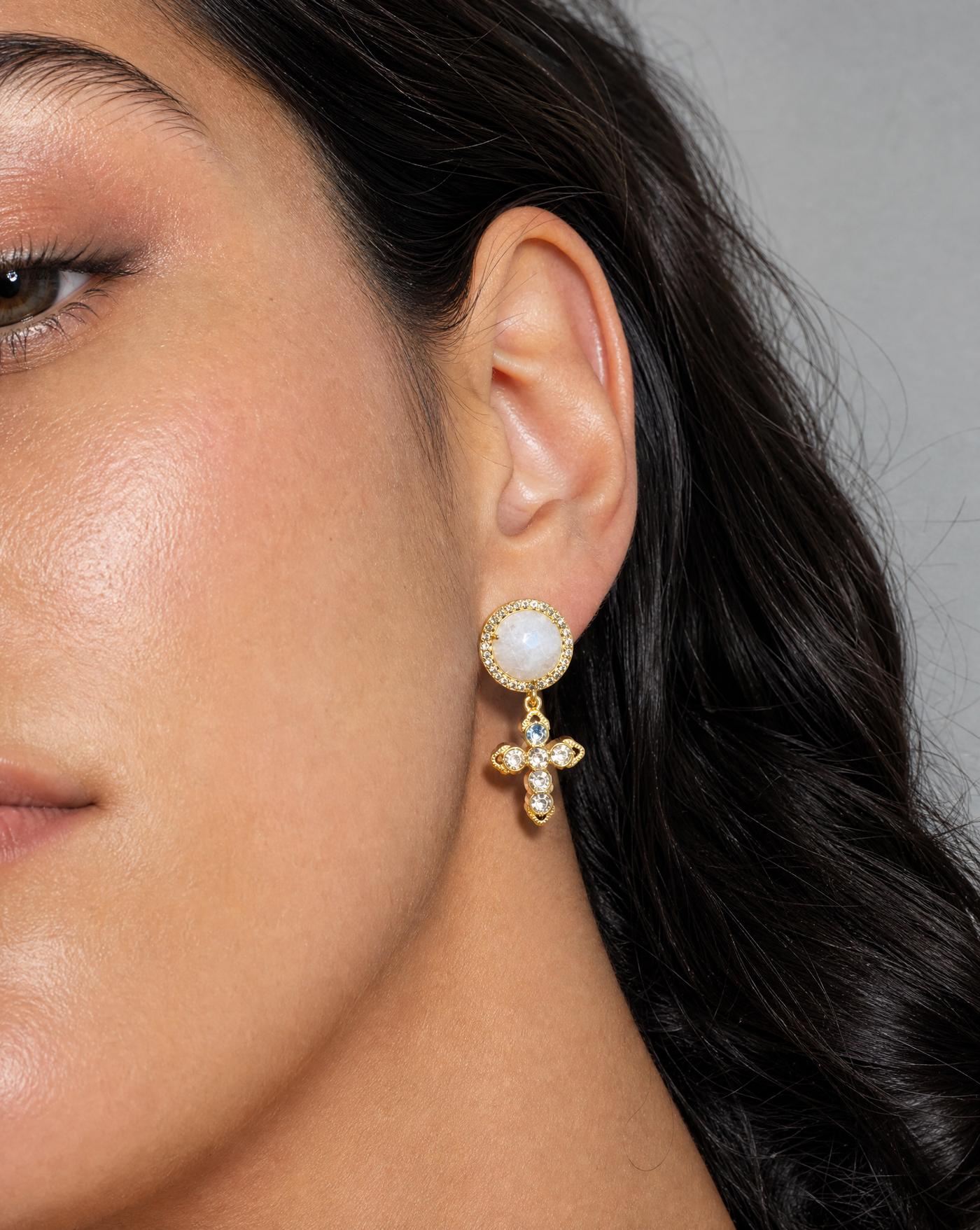 Light Cross Earrings — Moonstone and Cubic Zirconia