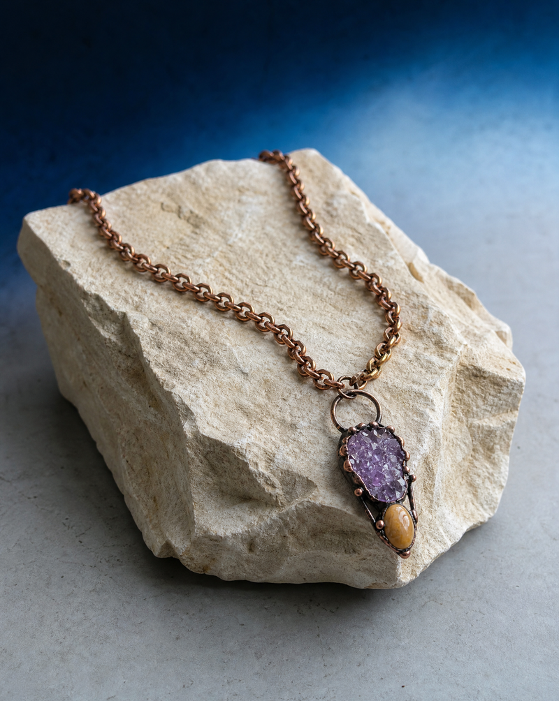 Amethyst Druzy & Yellow Jasper Pendant Necklace