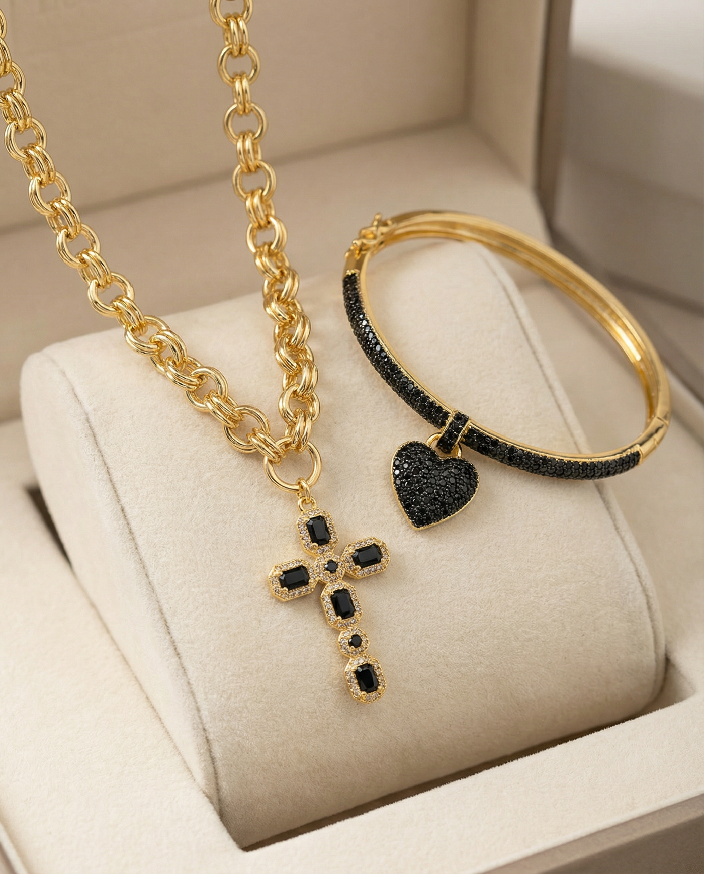 Black Cross Medallion Necklace & Bracelet