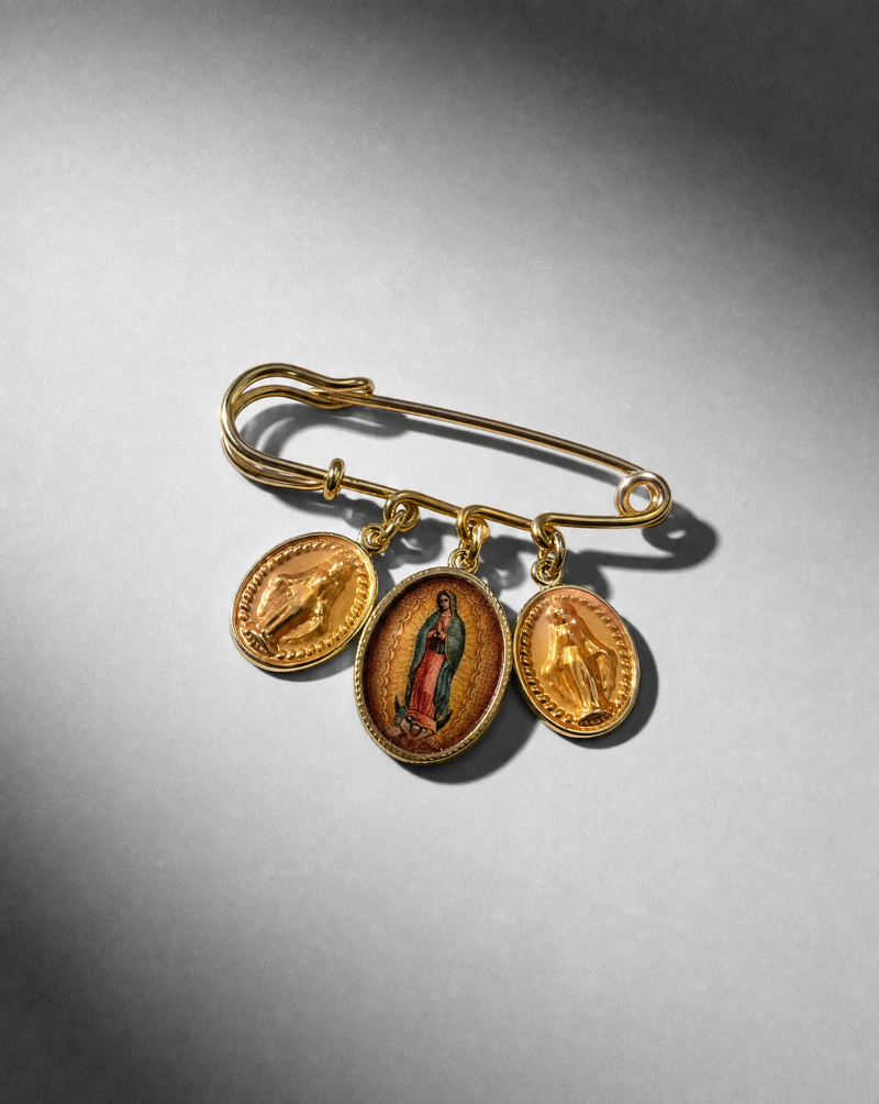 Virgin of Guadalupe Triple Charm Safety Pin Brooch