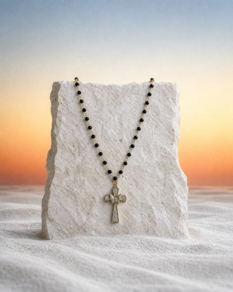 Pavé Cross Necklace with Natural Black Onyx Rosary Chain