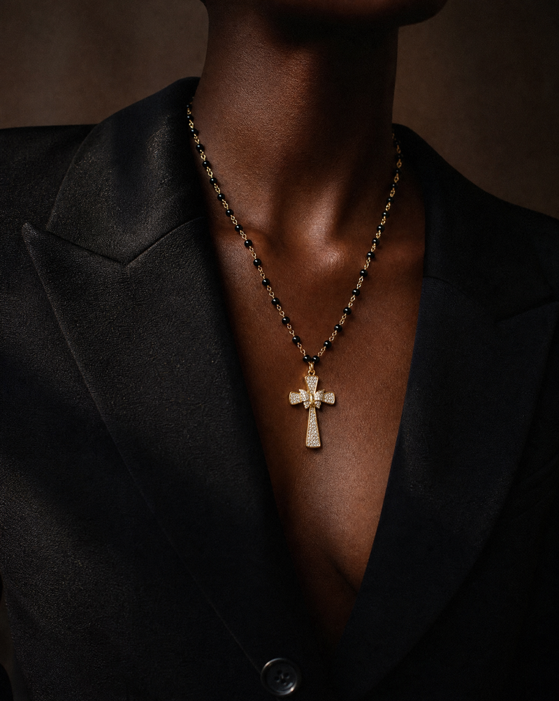 Pavé Cross Necklace with Natural Black Onyx Rosary Chain
