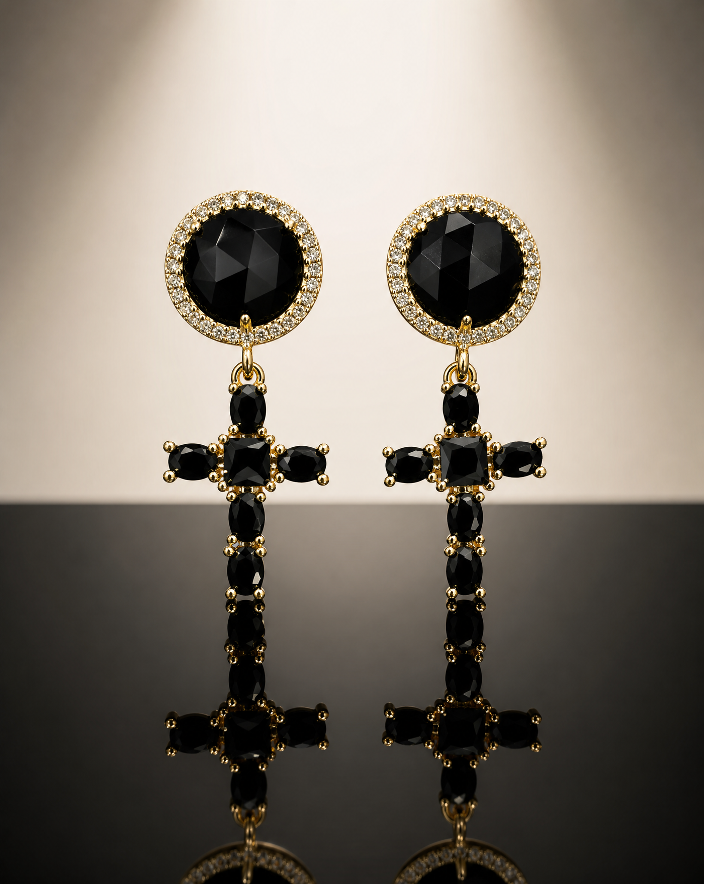 Croix Noir Earrings — Black Agate and Cubic Zirconia