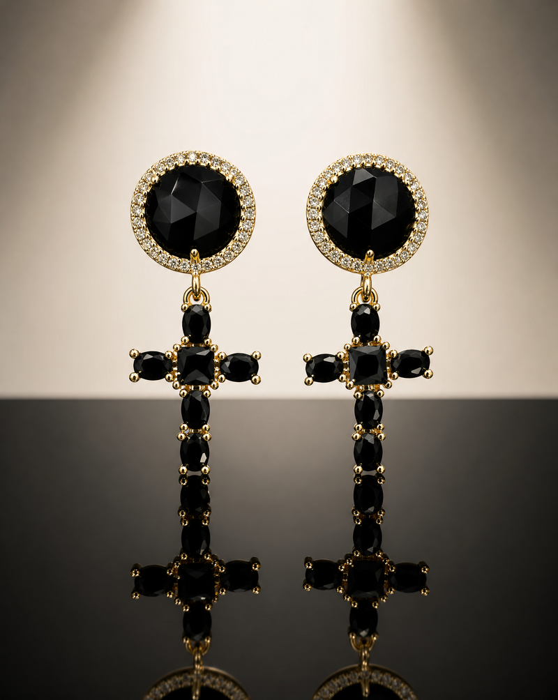 Croix Noir Earrings — Black Agate and Cubic Zirconia