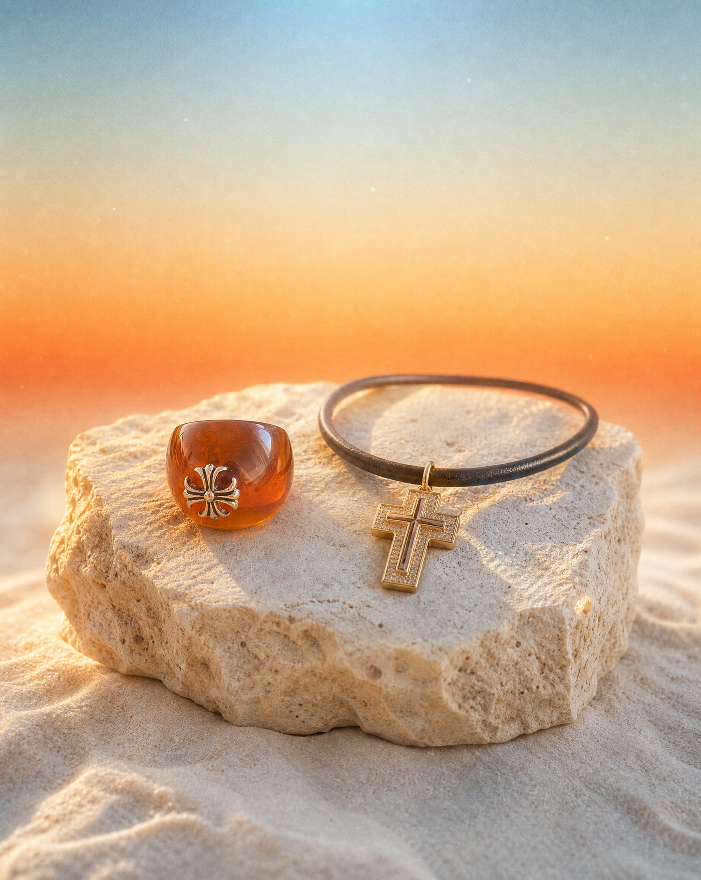 Pavé Cross Cord Necklace & Resin Ring Set