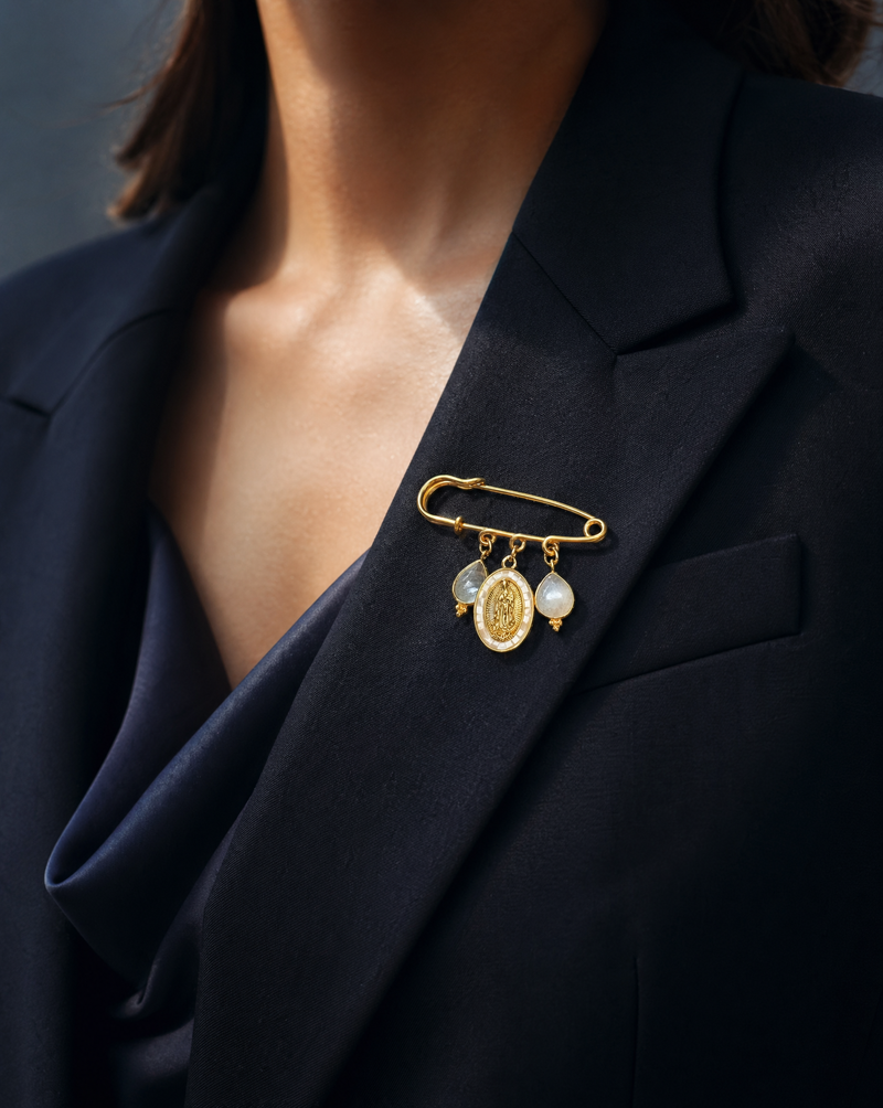Safety Pin Brooch | Virgin Mary & Moonstone Drop Charms | Spiritual Jewelry