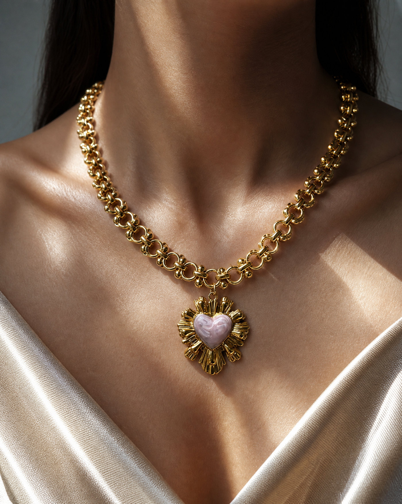 Gold Sunburst Heart Necklace | Vintage Enamel Statement Jewelry