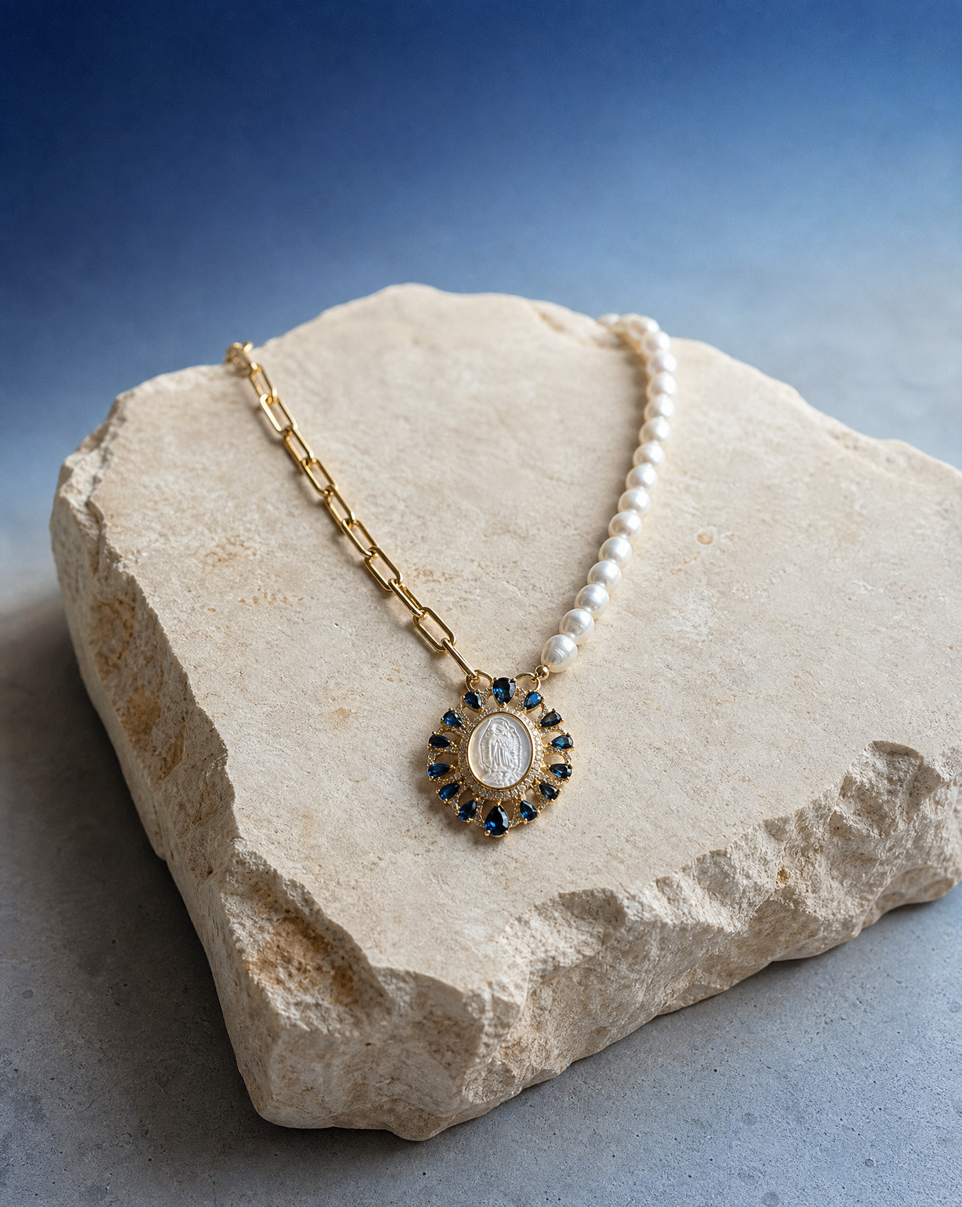 Virgin Mary Asymmetric Pearl & Chain Necklace | Devotional Luxury Necklace