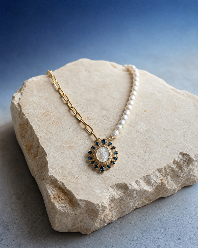 Virgin Mary Asymmetric Pearl & Chain Necklace | Devotional Luxury Necklace