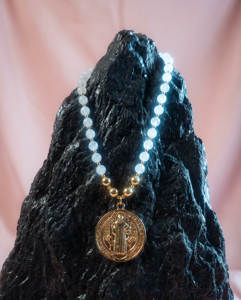 St. Benedict Long Necklace — White Quartz Protection Necklace